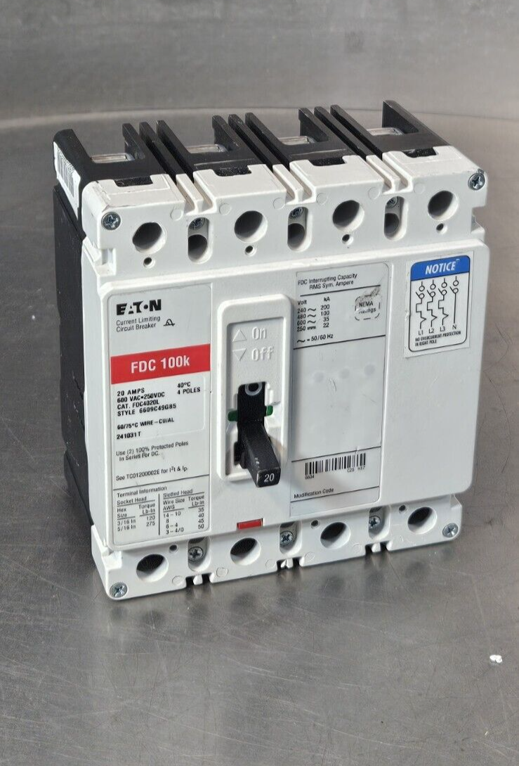 Eaton FDC 100K / FDC4020l 20A 600VAC 4 poles  Circuit Breaker           (BIN733)