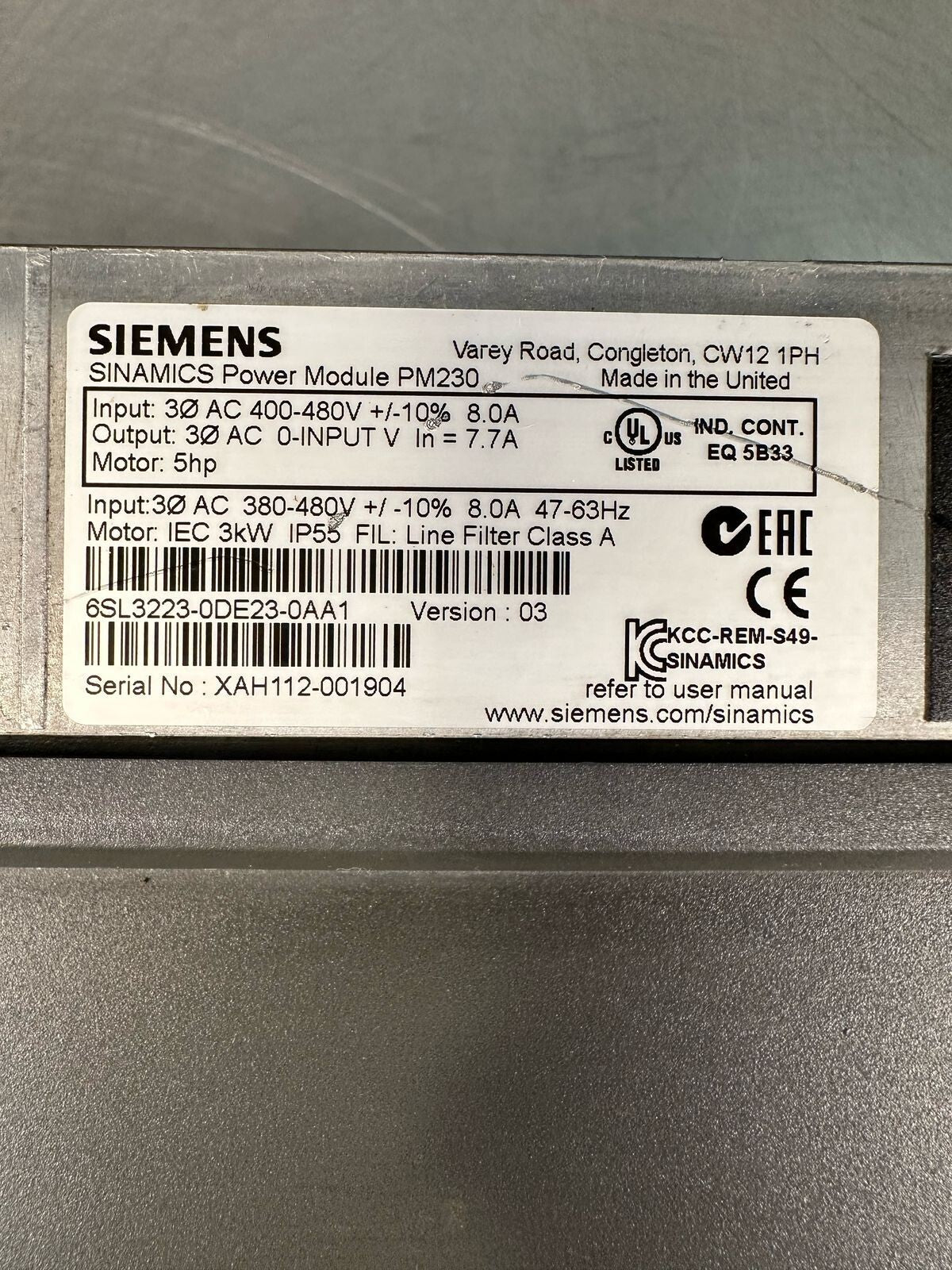 Siemens 6SL3223-0DE23-0AA1 Sinamics Power Module PM230 3kw (5.2.3)