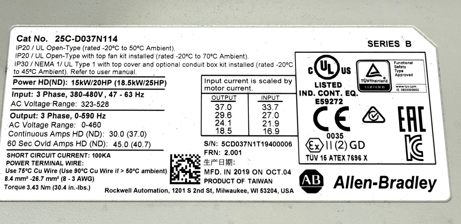 Allen-Bradley 25c-D037N114 /B 3Ph 380-480V 47.63Hz                 (2.5.3)
