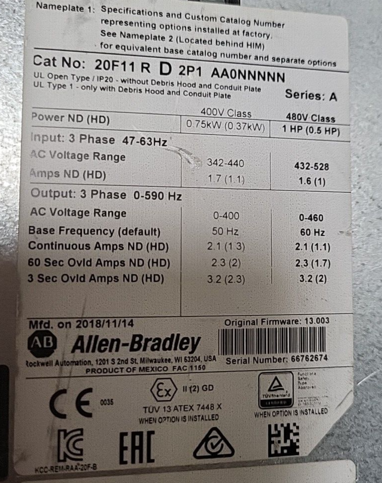 Allen-Bradley PowerFlex 755  AC Drive   20F11RD2P1AA0NNNNN Ser. A     (BIN3.2.2)