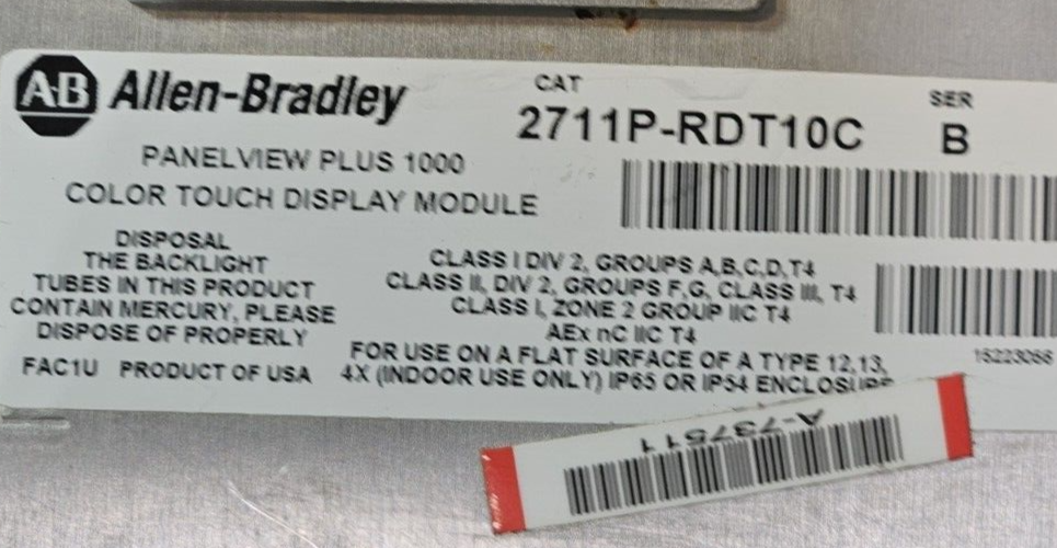 Allen-Bradley 2711P-T10C4D1 Ser B PanelView Plus Touch Panel (BIN4.4.5)