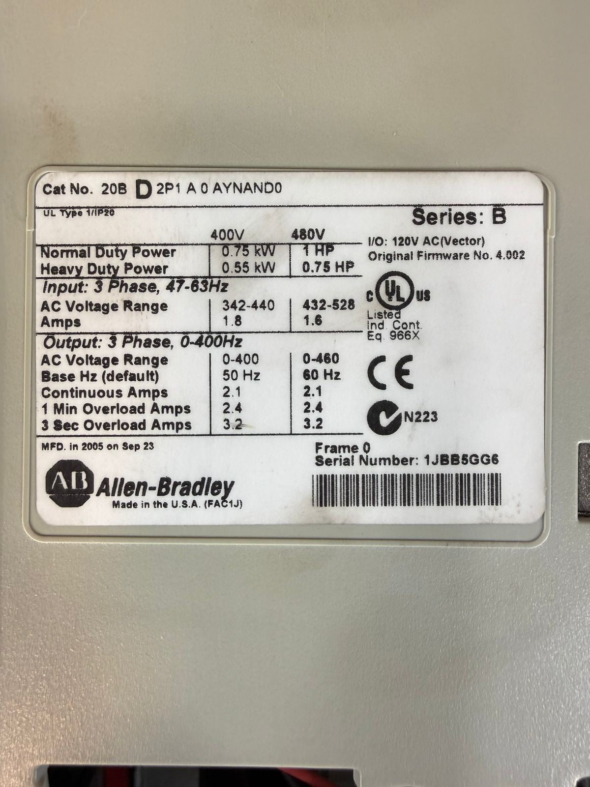 Allen Bradley 20BD2P1A0AYNAND0/ B PowerFlex 700 AC Drive           (9.4.4)