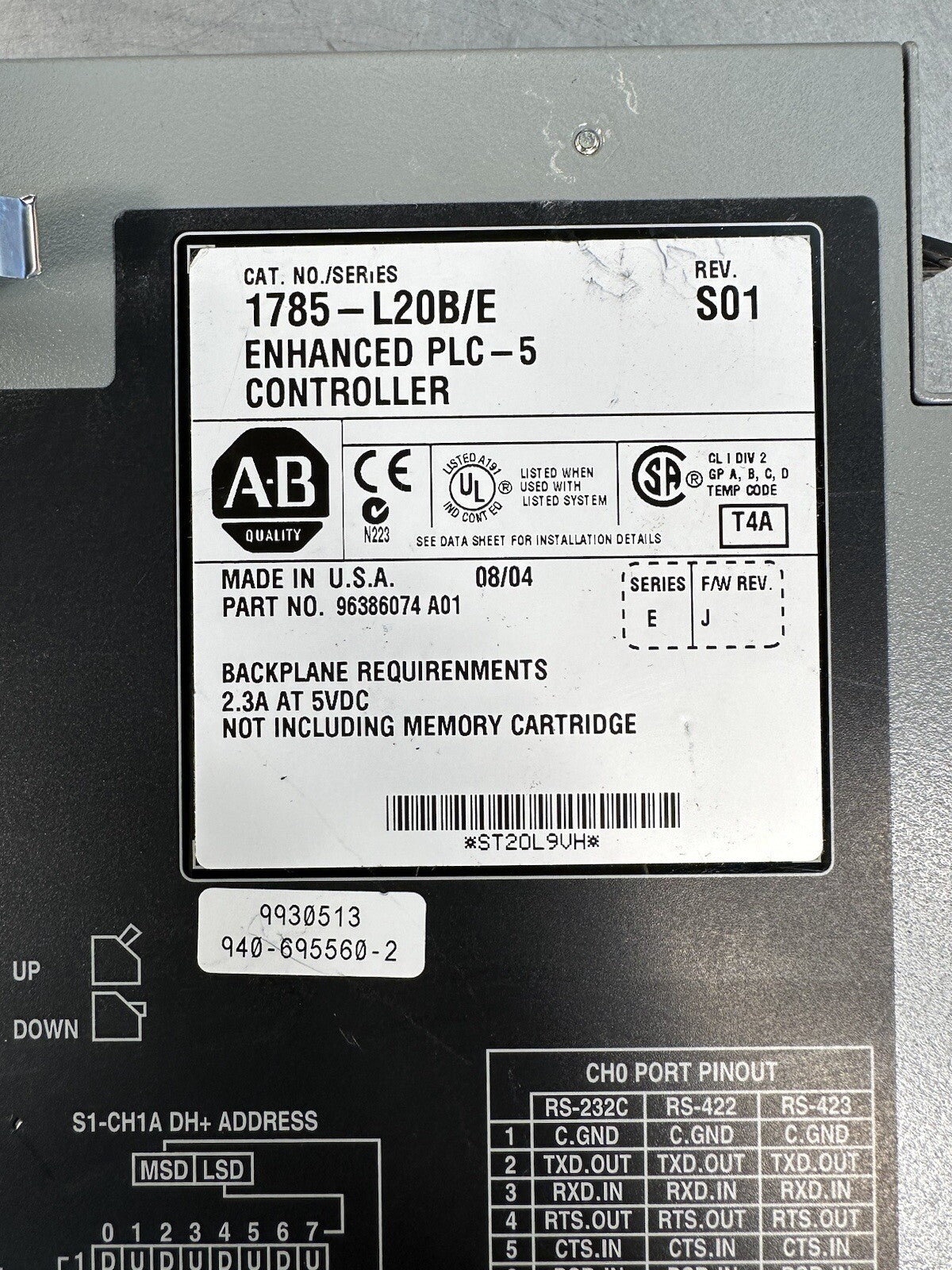 Allen Bradley 1785-L20B /E Rev J  S01 Enhanced Plc-5 Controller (BIN-1.2.3)