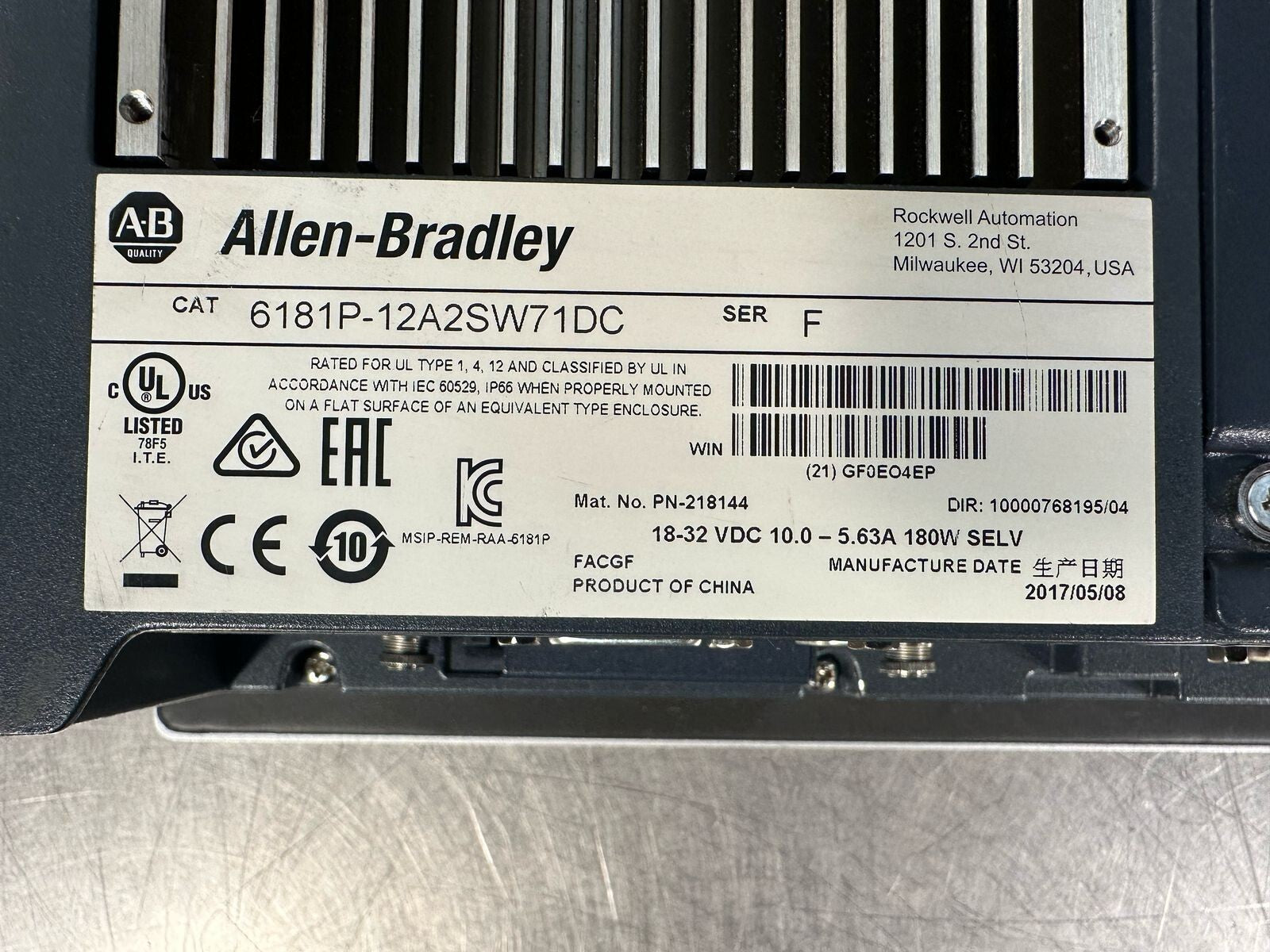 Allen Bradley 6181P-12A2SW71DC Ser F Touchscreen Display 1200P (4.4.1)