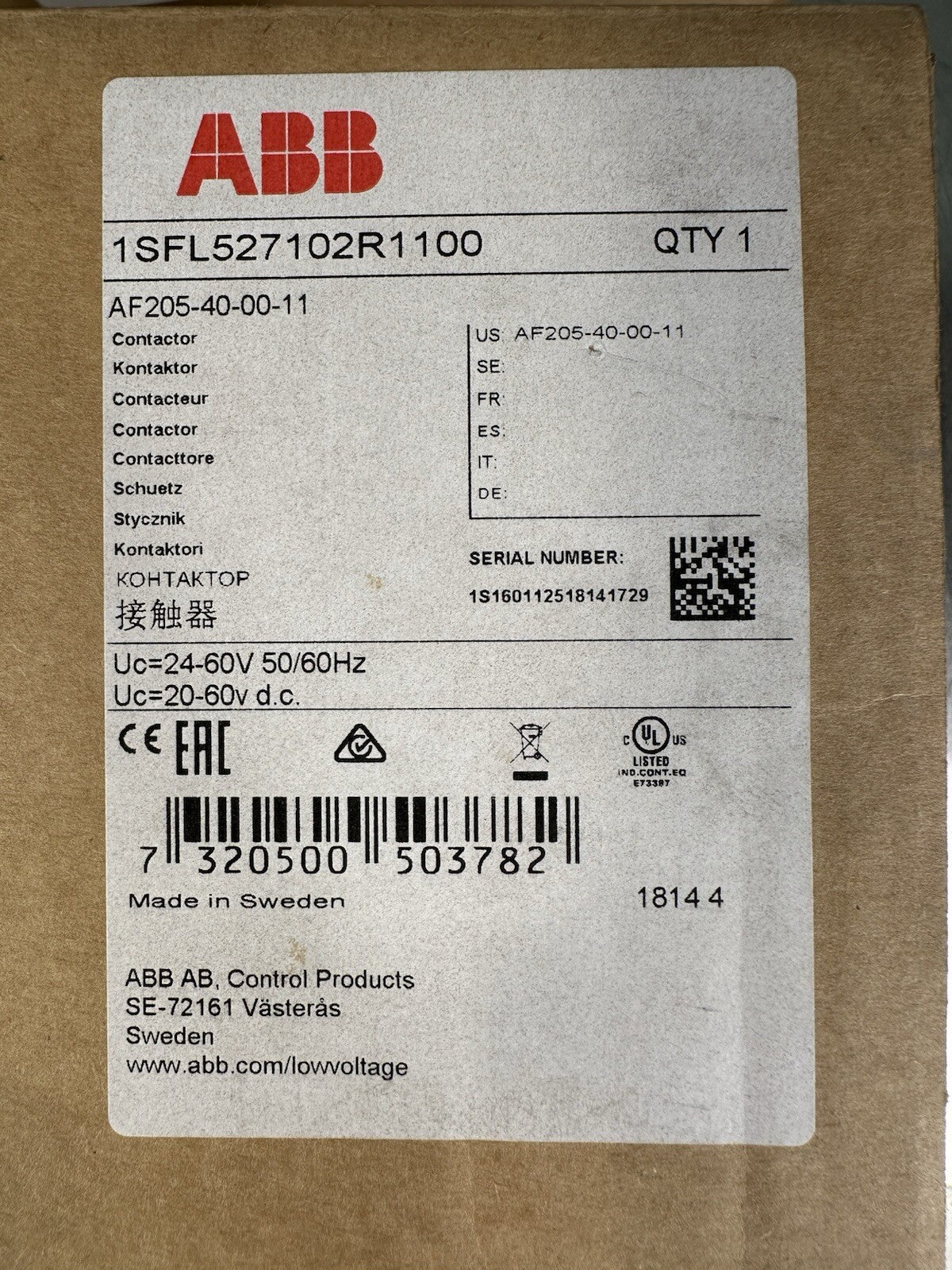 New ABB AF205-40 250 Amp 600VAC Contactor - (BIN-7.5.1)