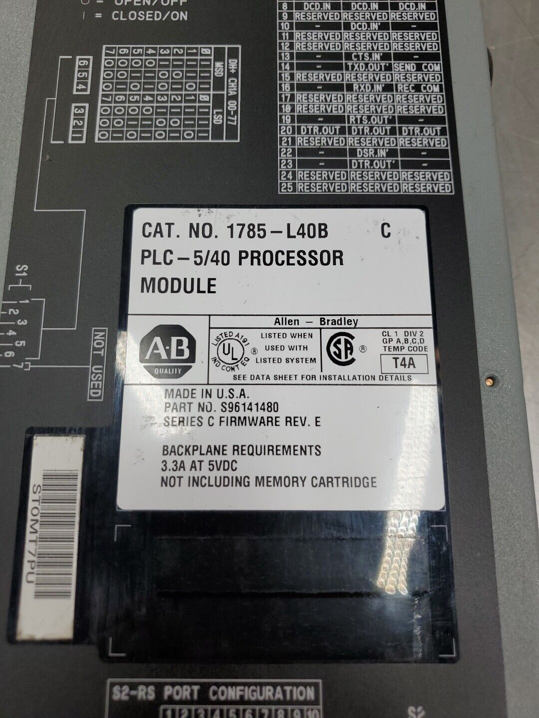 Allen Bradley 1785-L40B Ser C PLC-5/40 Processor Module.                   3D-33