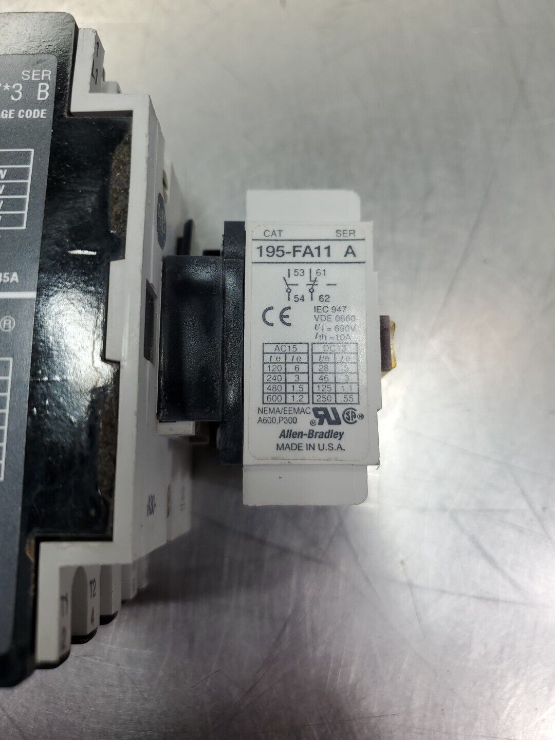 ALLEN BRADLEY 100-A30NZ*3  SERIES B  CONTACTOR w/195-FA11 Module.           4-D8
