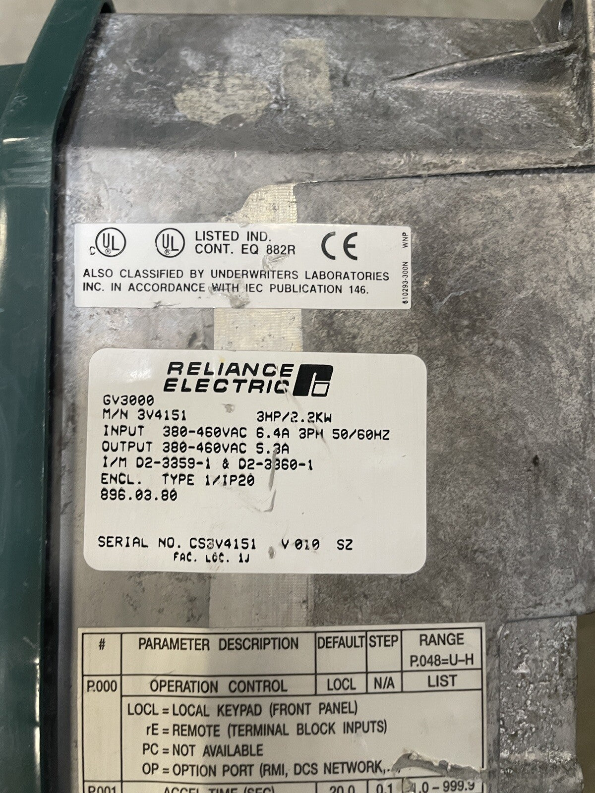 Reliance Electric GV3000  3 HP/2.2kw M/N 3V4151 Vector Inverter 380 VAC  @1A