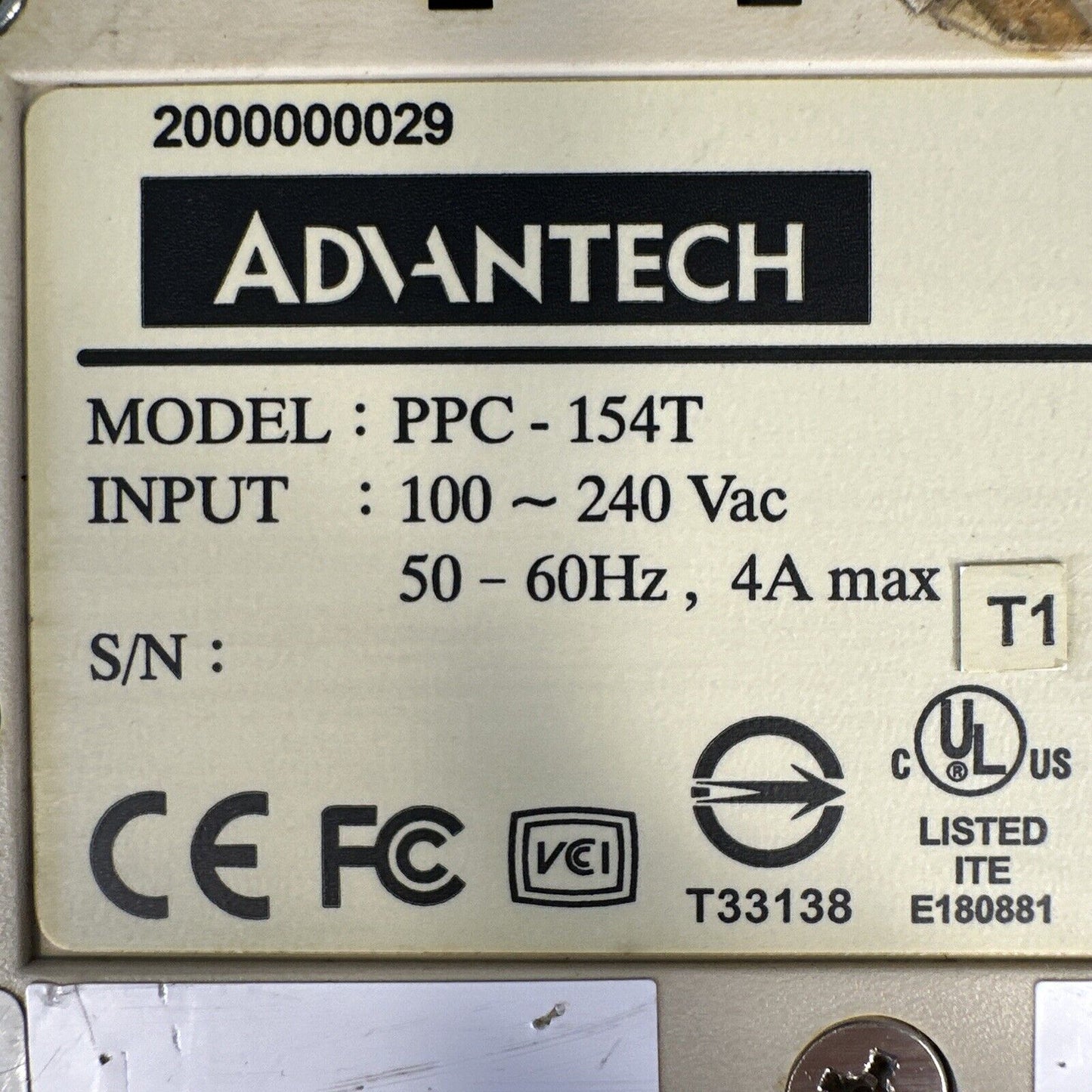 Advantech PPC-154T 15" Industrial Panel PC, 120-240VAC (BIN-2.2.4)