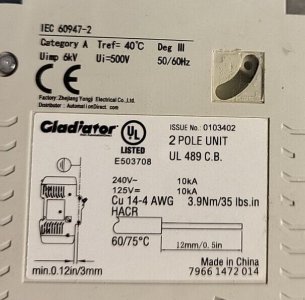 Gladiator  IEC 60947-2  GMCBU 2-POLE 30A Breaker (BIN 3.5.2)