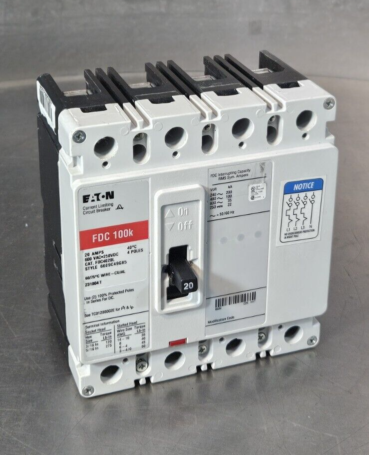 Eaton FDC 100K / FDC4020L 20A 600VAC 4 poles  Circuit Breaker           (BIN732)