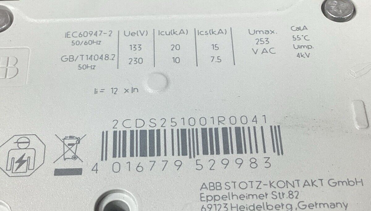 ABB S201-D4 4A Circuit Breaker  2CDS251001R0041       4A-5