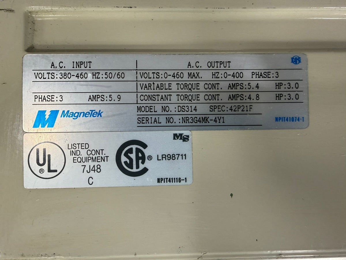 Magnetek DS314 Spec: 42P21F 3HP 3Ph Input: 380-460V 50/60Hz 5.9A (8.5.3)