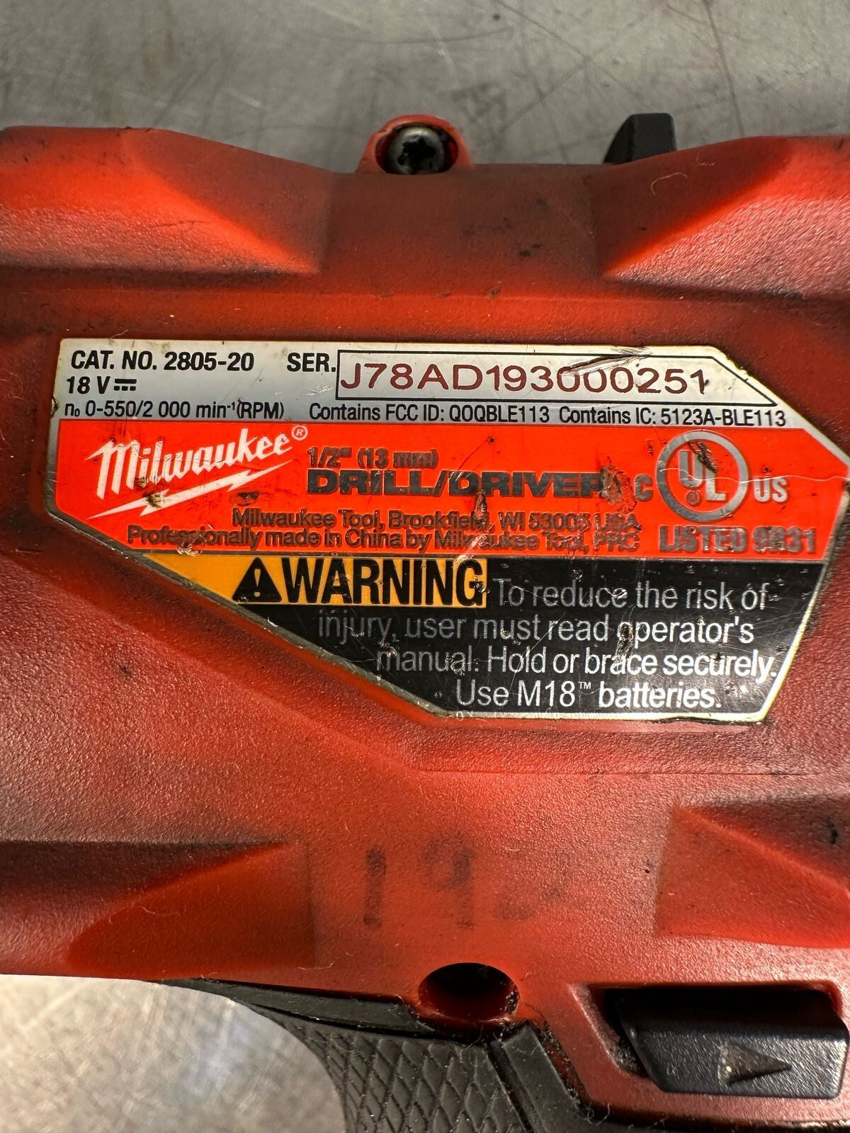 Milwaukee 2805-20 M18 1/2" DRILL/DRIVER   18V                 (7.4.3)