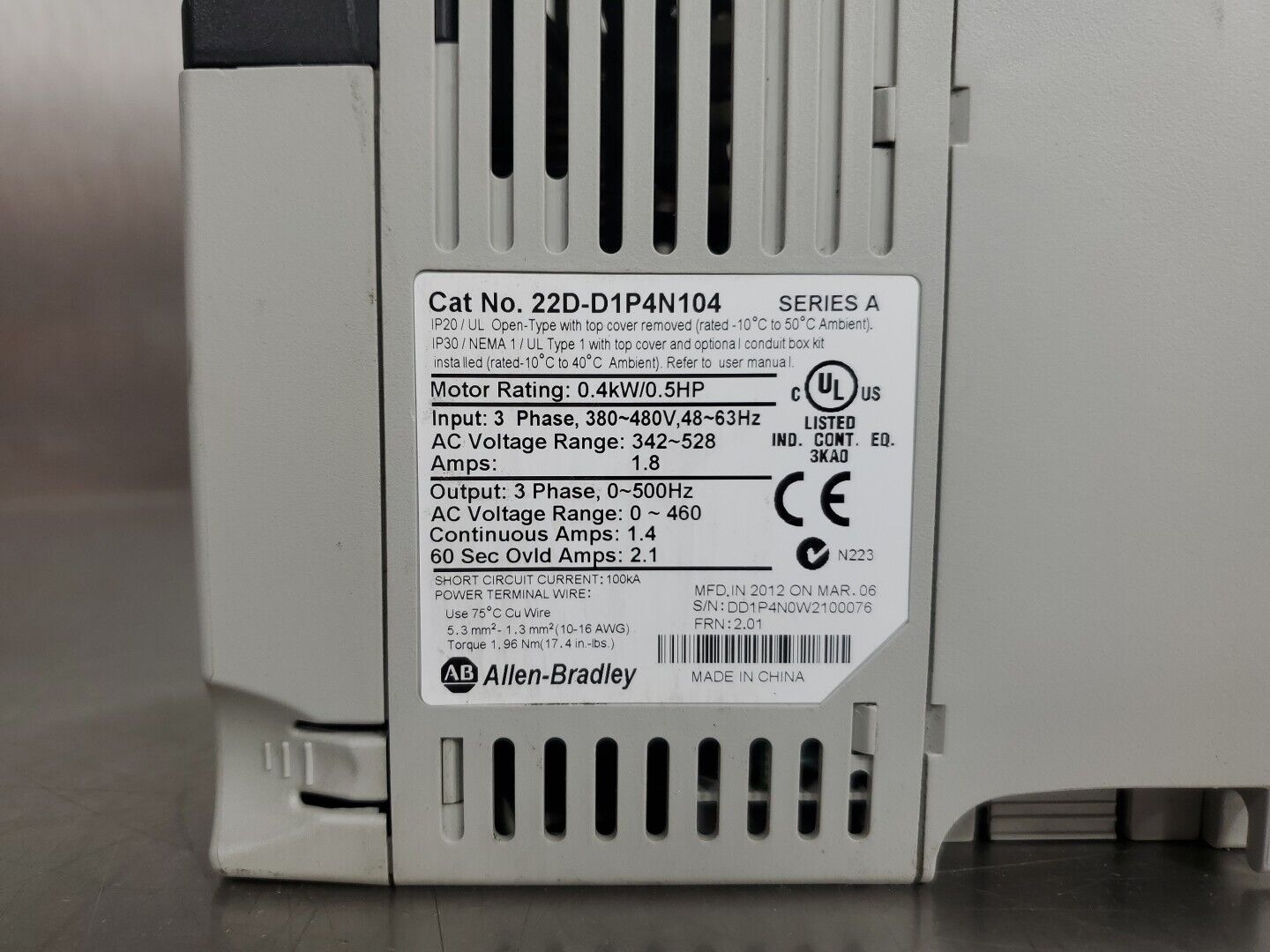 Allen Bradley 22D-D1P4N104/A PowerFlex 40P AC Drive, .04kW/0.5HP. (REFURB) 1A-06