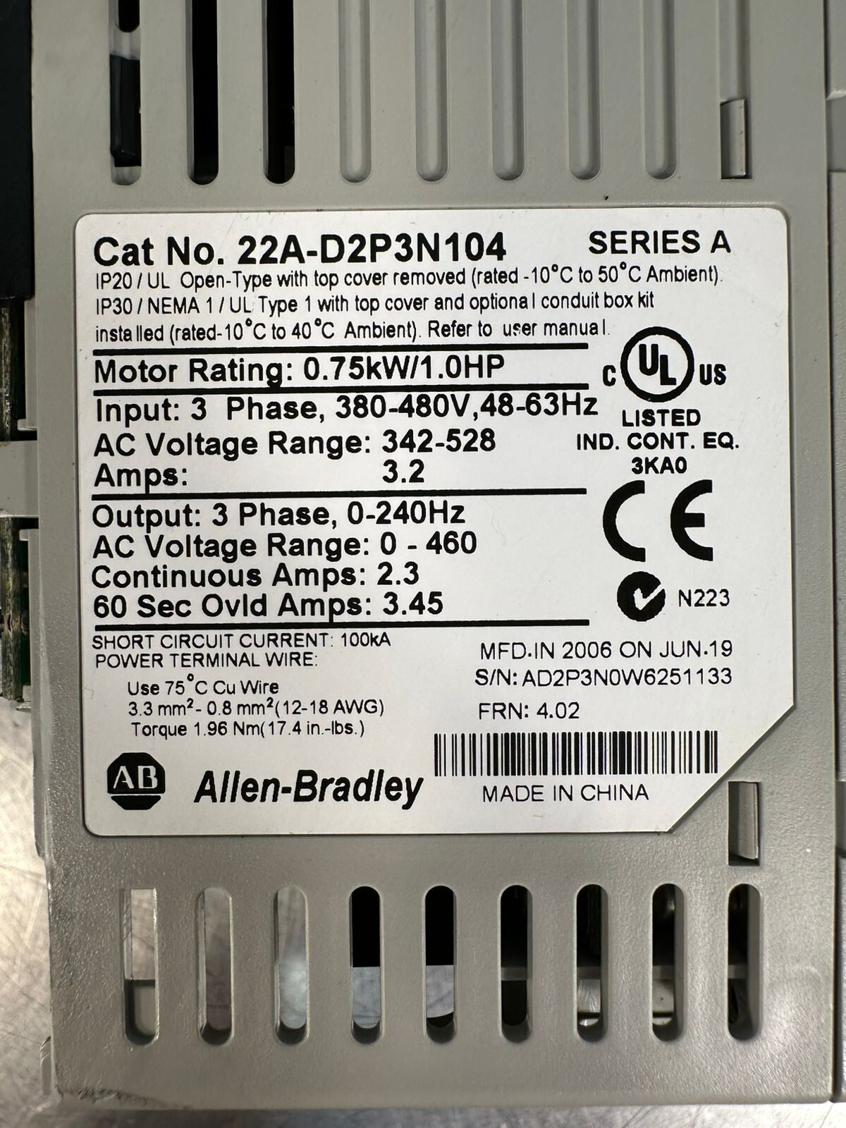 Allen-Bradley 22A-D2P3N104 3PH 1HP 480V (Refurb) (7.4.5)