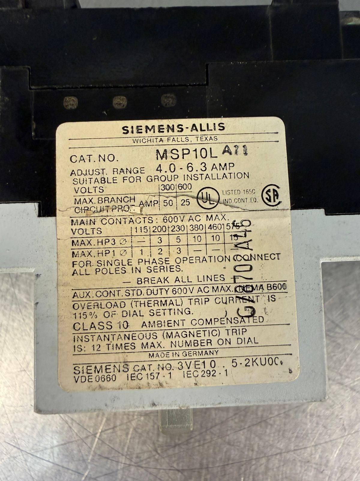 Siemens-Allis MSP10L Motor Starter Msp1  Msp10l    (4.1.4)