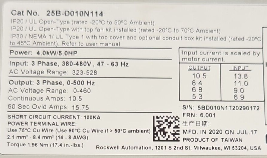 Allen Bradley 25B-D010N114 PowerFlex 525 480V 10A 5HP                   (BIN244)