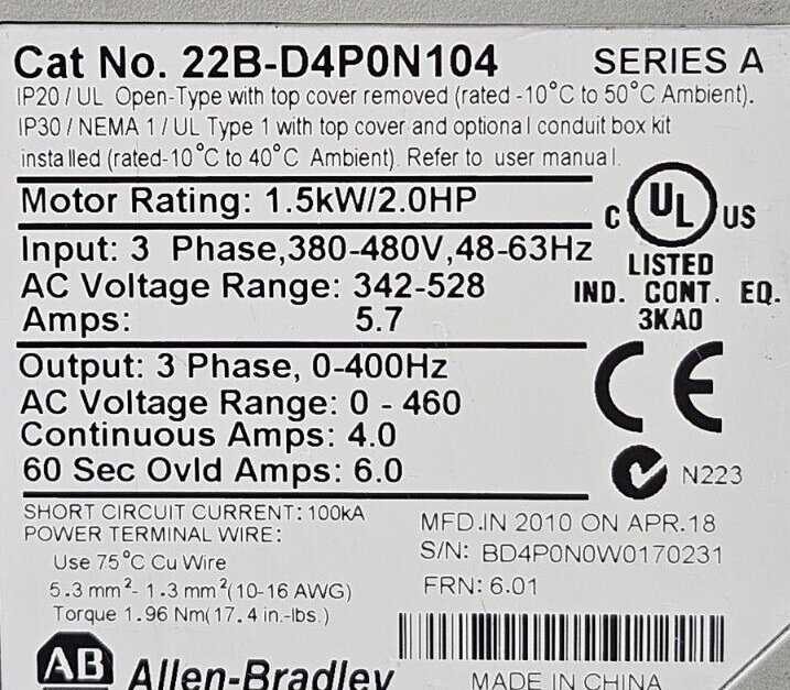 Allen-Bradley 22B-D4P0N104 PowerFlex 1.5 kW 2 HP AC Drive               (BIN744)