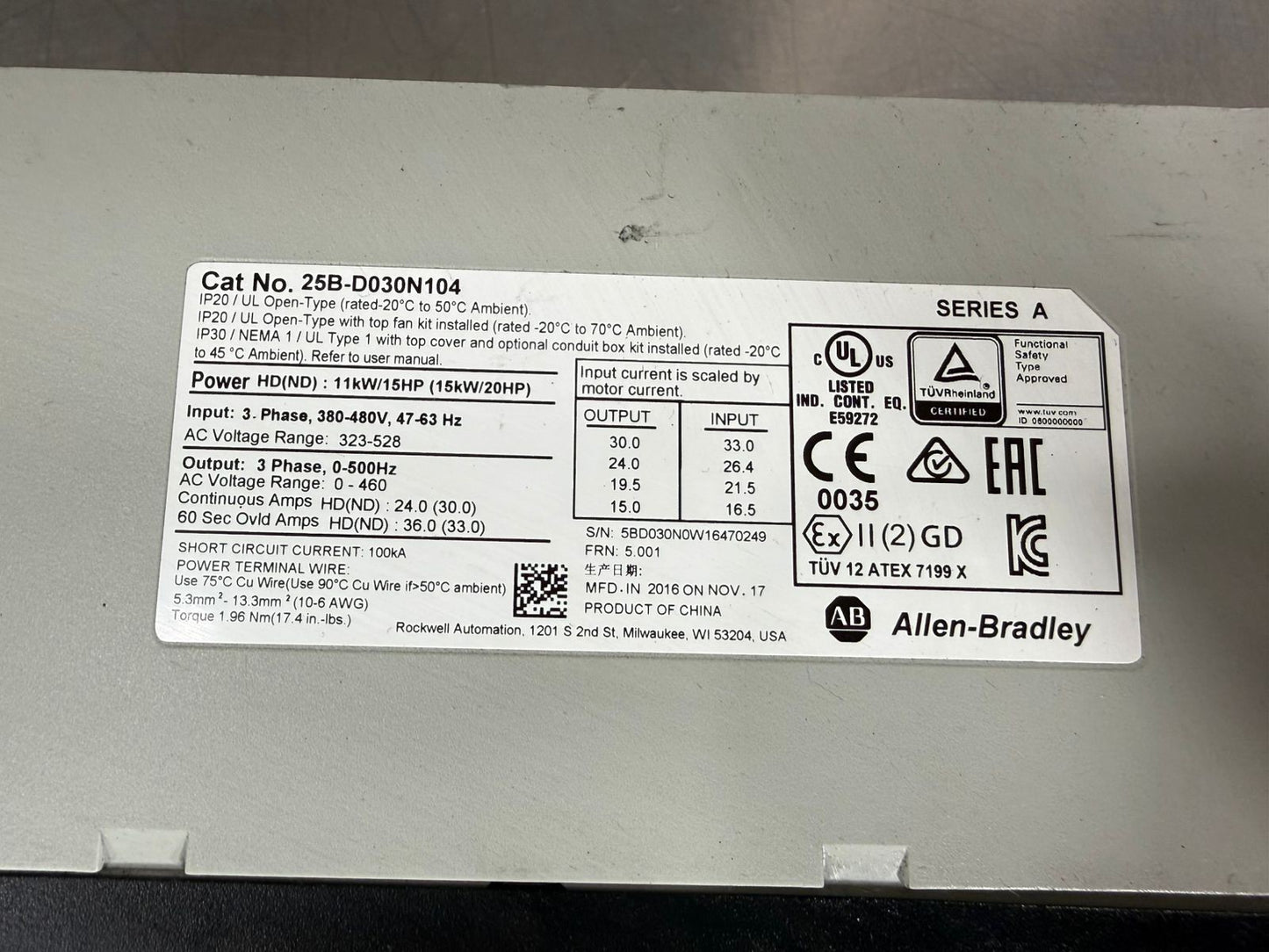 Allen-Bradley 25B-D030N104 PowerFlex 525 11kW / 15Hp 3PH (3.4.2)
