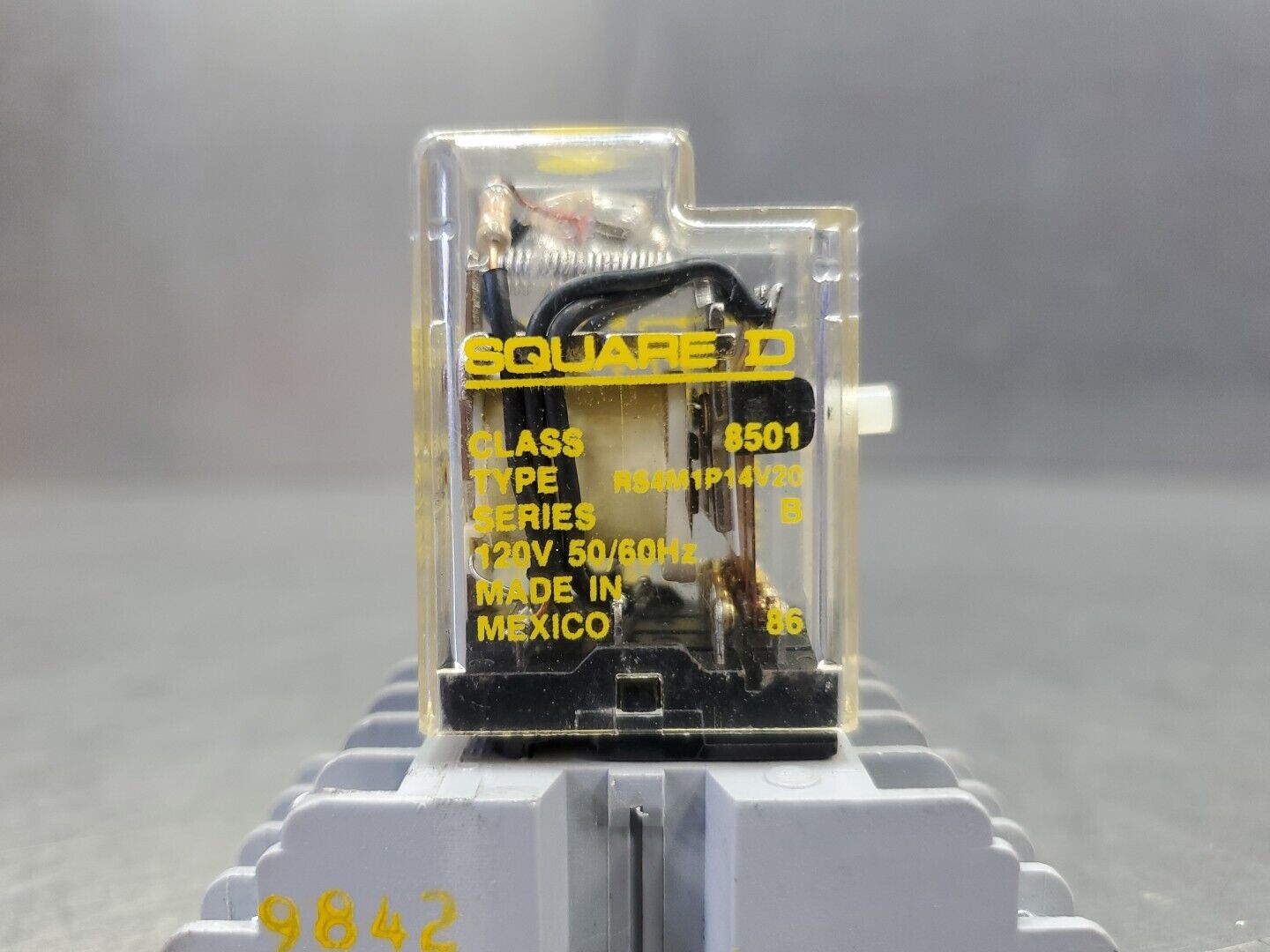SQUARE D RS4M1P14V20 SER. B 120V RELAY w/9842 Base.                        4D-35