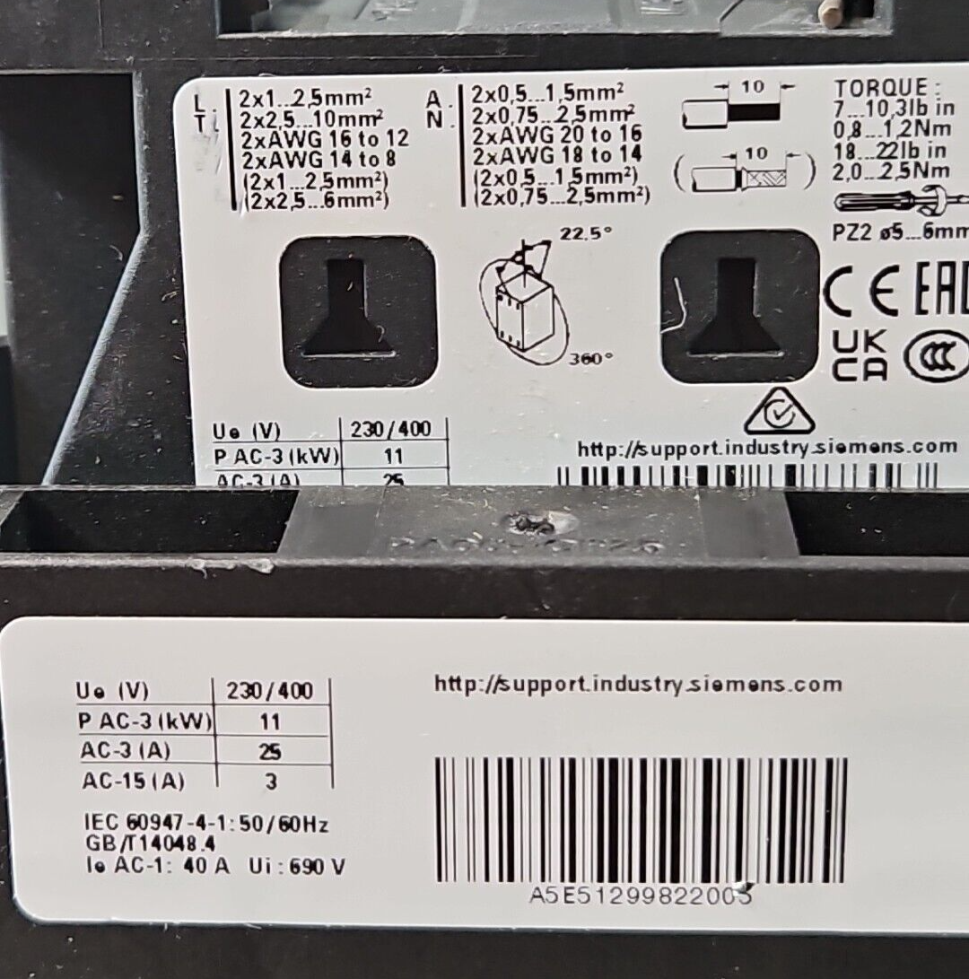 Siemens 3RT25261AK60 4Pole Contactor 25A 11kW 120Vdc Coil               (BIN412)