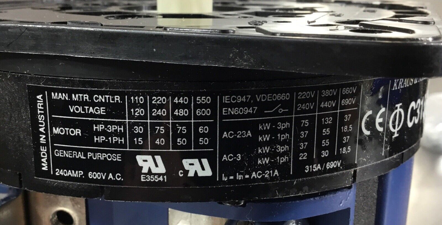 Kraus & Naimer C315 On/Off Control Switch, 3P, 600VAC, 240A, NEW in Box   4B-26