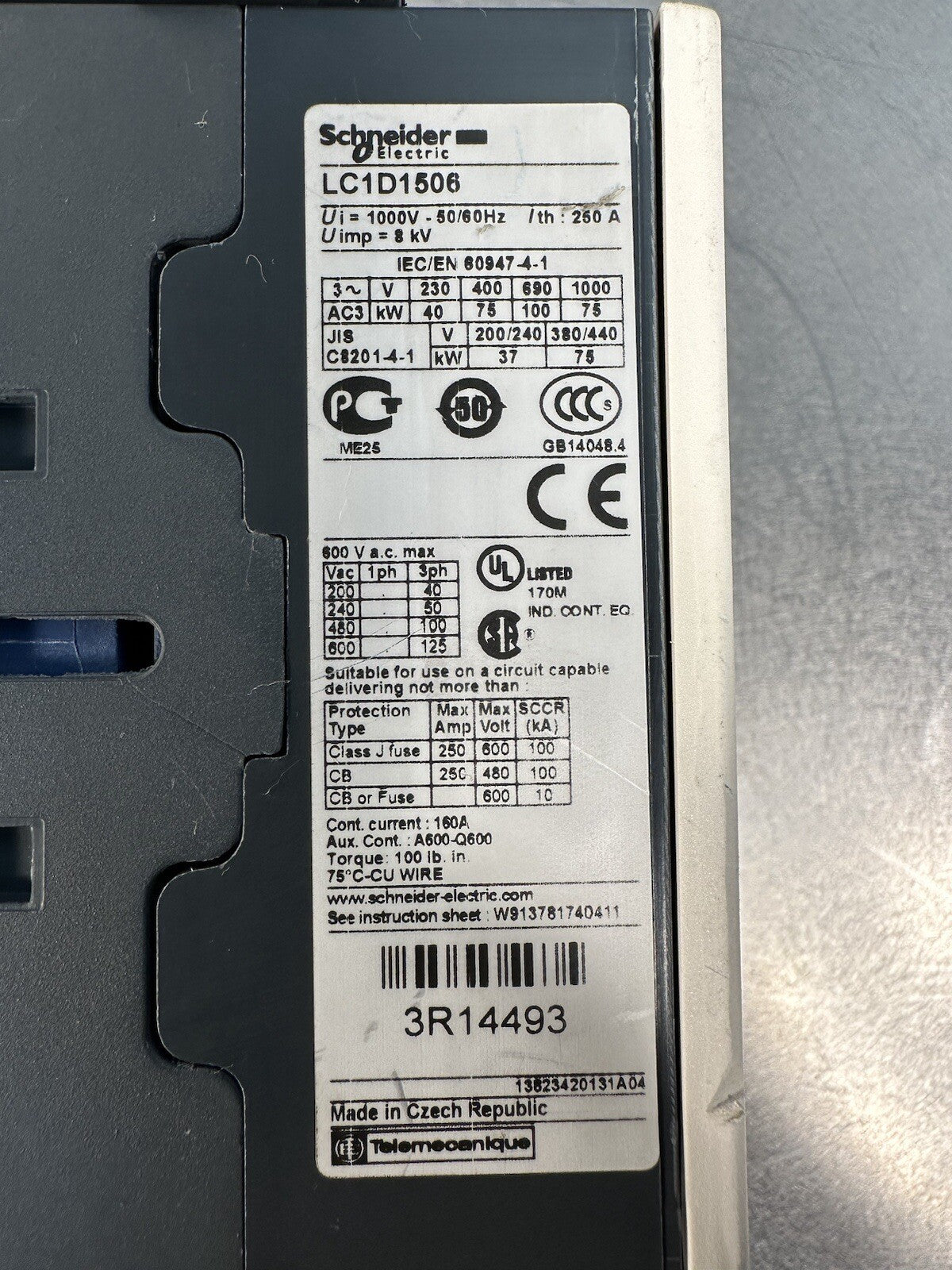 Schneider Electric LC1D1506 1000 Volt 250 Amp 24 VDC Coil Contactor (BIN-1.1.1)