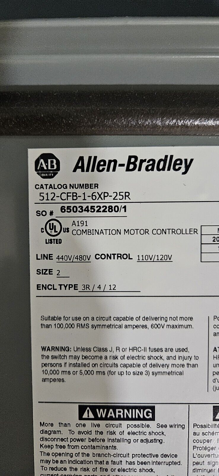 Allen Bradley 512-CFB-1-6XP-25R / 500F-CO*930 / TRS40R Combination Starter.  L4E