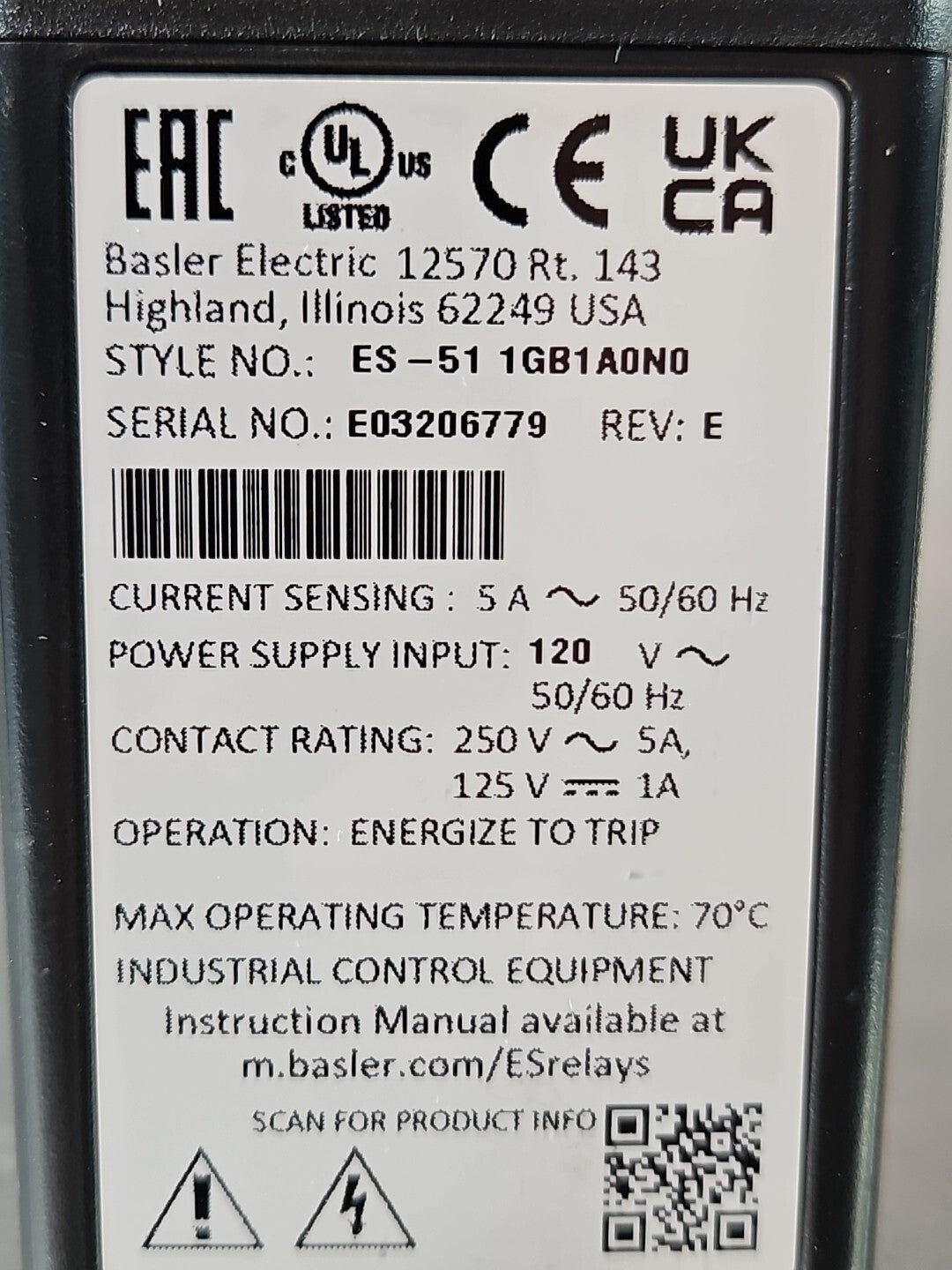 Basler ES-511GB1A0N0 Overcurrent Relay 120V 50/60Hz                     (BIN412)