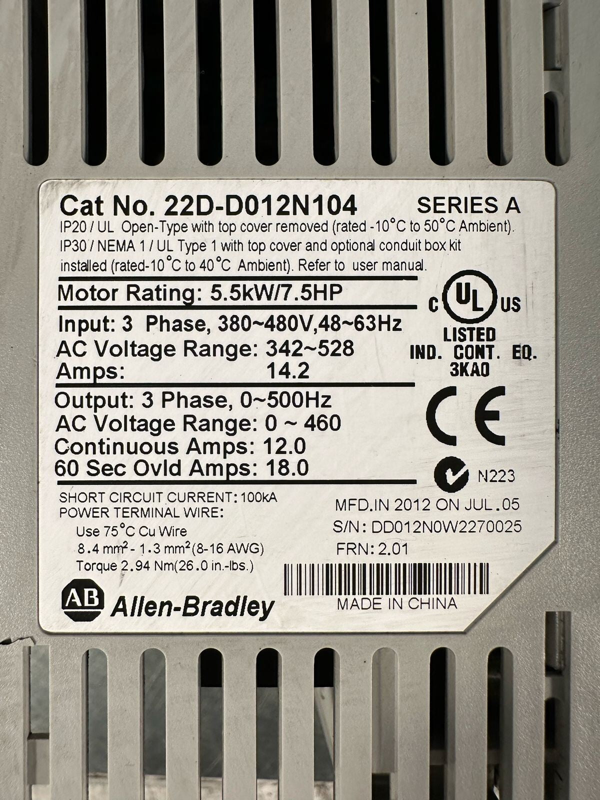 Allen Bradley 22D-D012N104  Series A       AC Drive 7.5HP   (3.6.2)