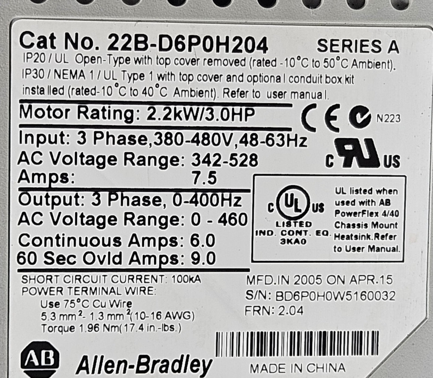 Allen-Bradley 22B-D6P0H204  PowerFlex 40 3Hp AC Drive                   (BIN745)
