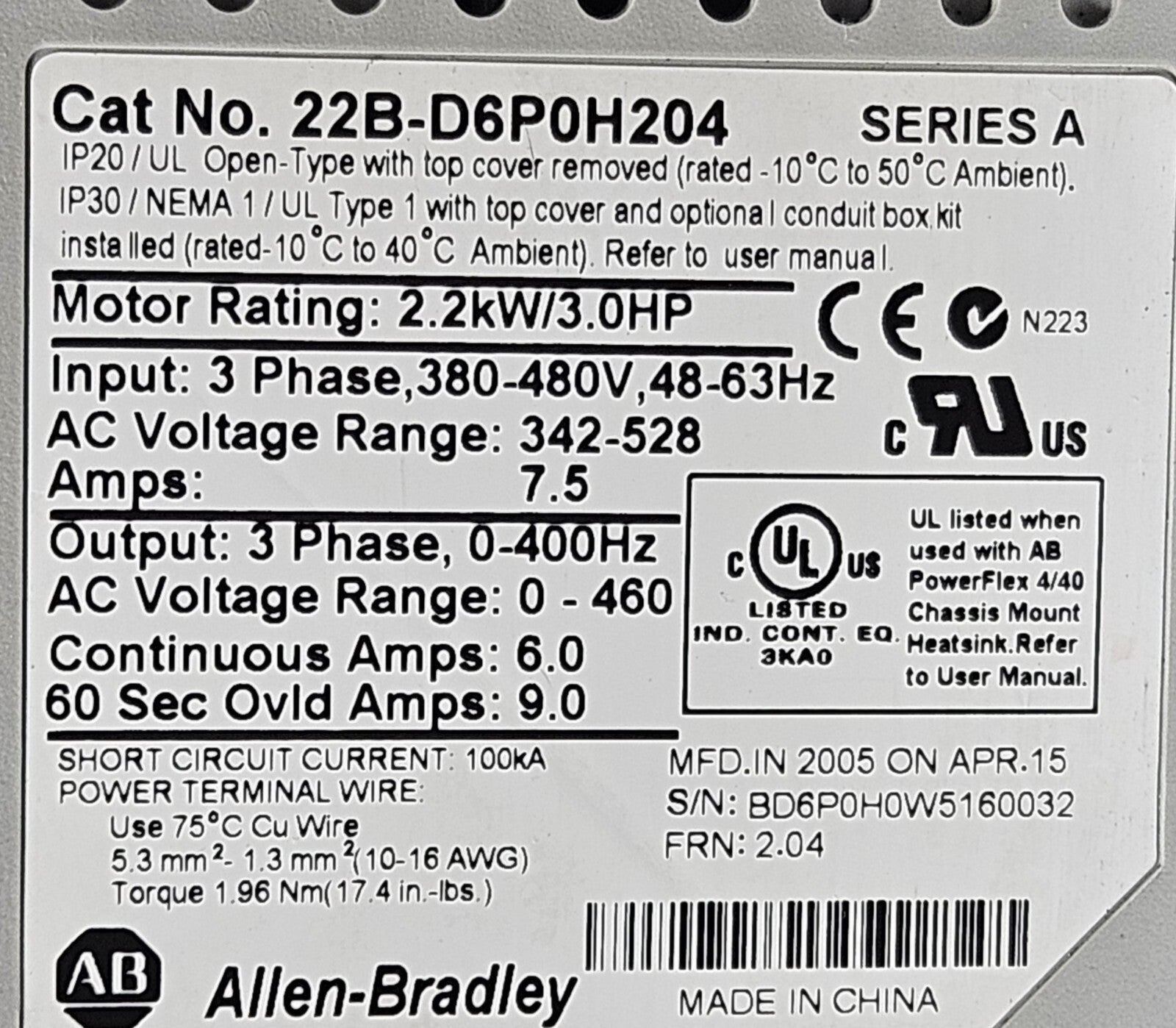 Allen-Bradley 22B-D6P0H204  PowerFlex 40 3Hp AC Drive                   (BIN745)