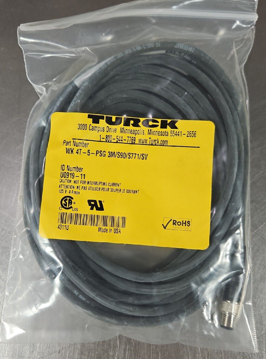 TURCK WK 4T-5-PSG 3M/S90/S771/SV PLC Cable                                  5A-7