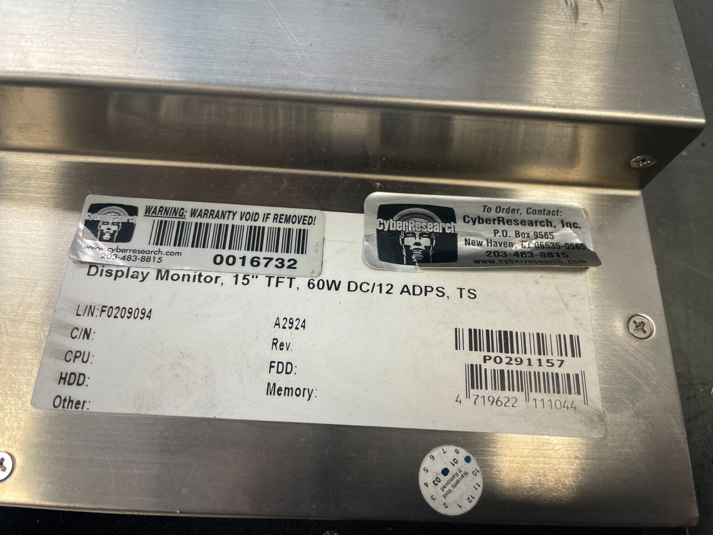 CyberResearch White 15-Inch 60-Watt 12-Volt DC LCD Screen Display Monitor