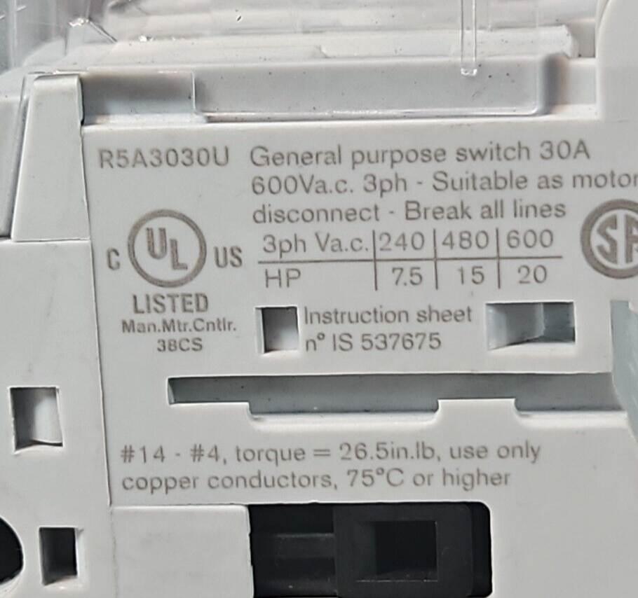 Eaton R5A3030U Non-Fusible Rotary Disconnect Switch 30A 3P 600V           loc4C3