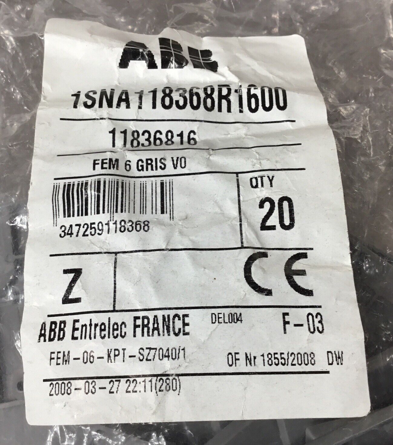ASEA BROWN BOVERI  1SNA118368R1600  TERMINAL BLOCK (bag of 20)