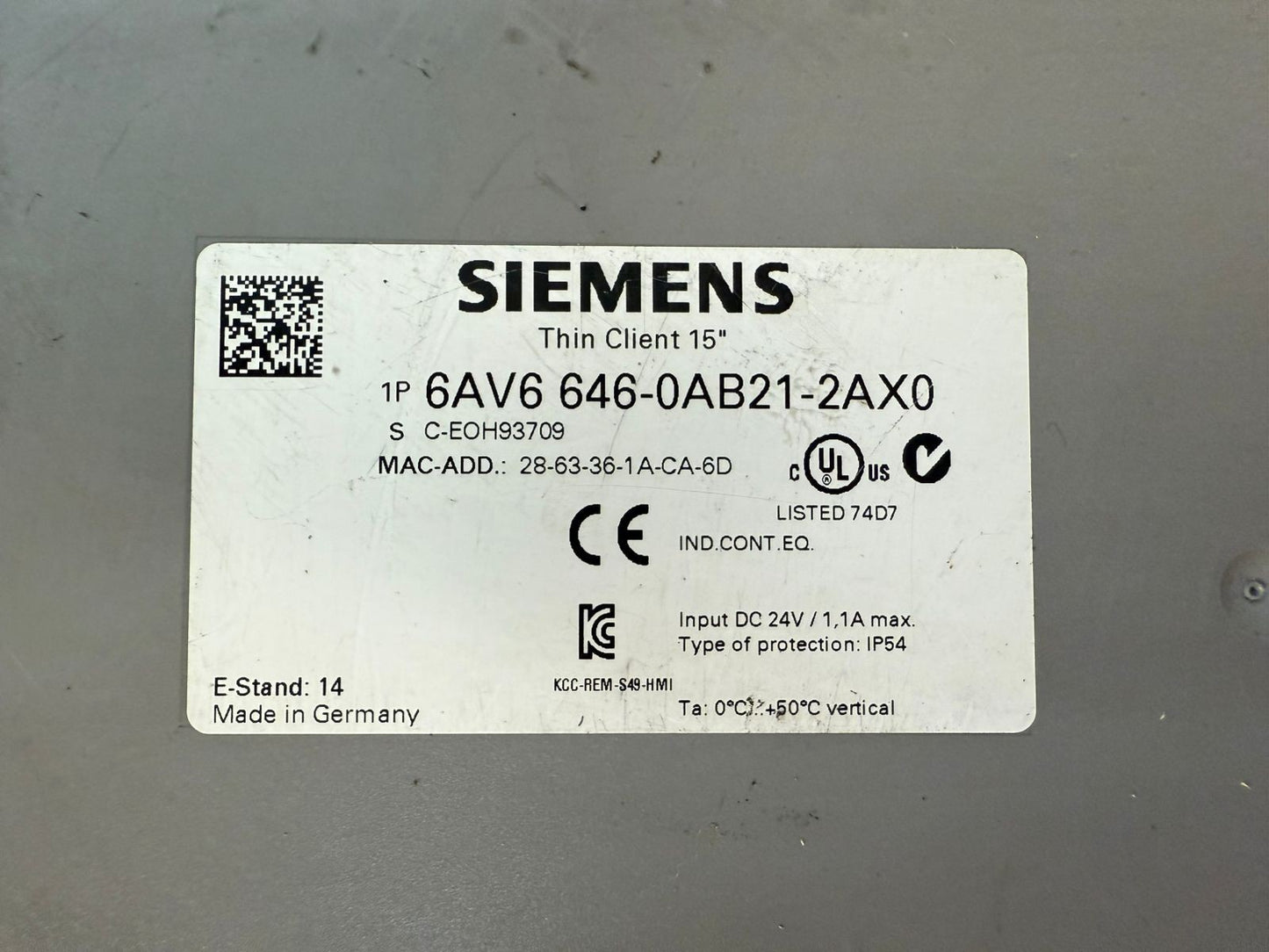 Siemens 6AV6-646-0AB21-2AX0 Simatic Touch Screen 24V 1.1A 15" (12.4.5)