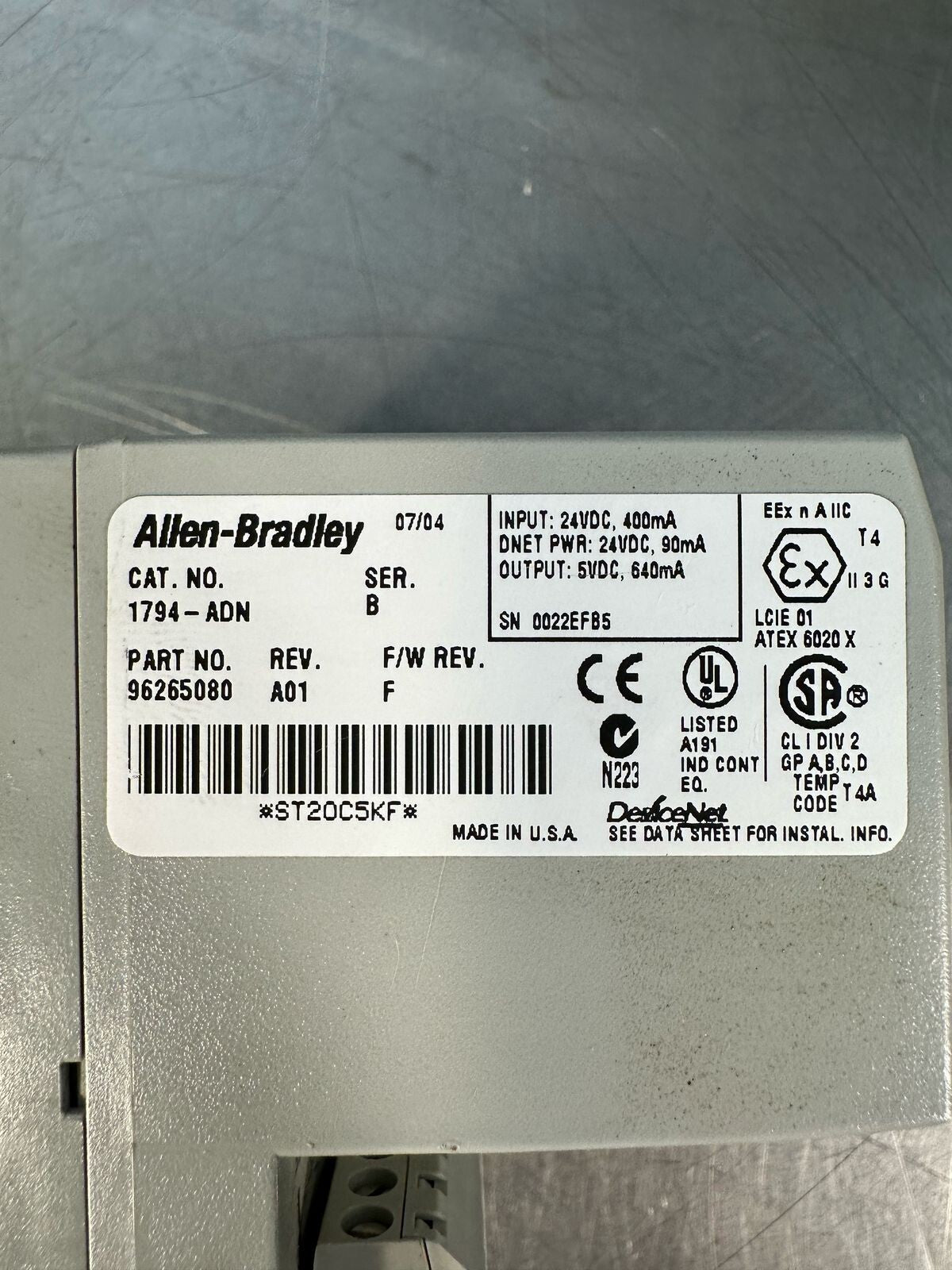 Allen Bradley 1794-ADN /B Flex I/O DeviceNet 1794ADN /B             (5.3.5)