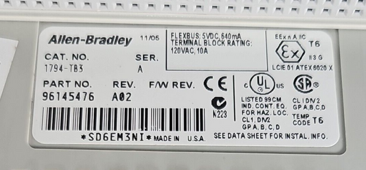 Allen Bradley 1794-TB3 Flex Terminal Base Module                        (BIN313)