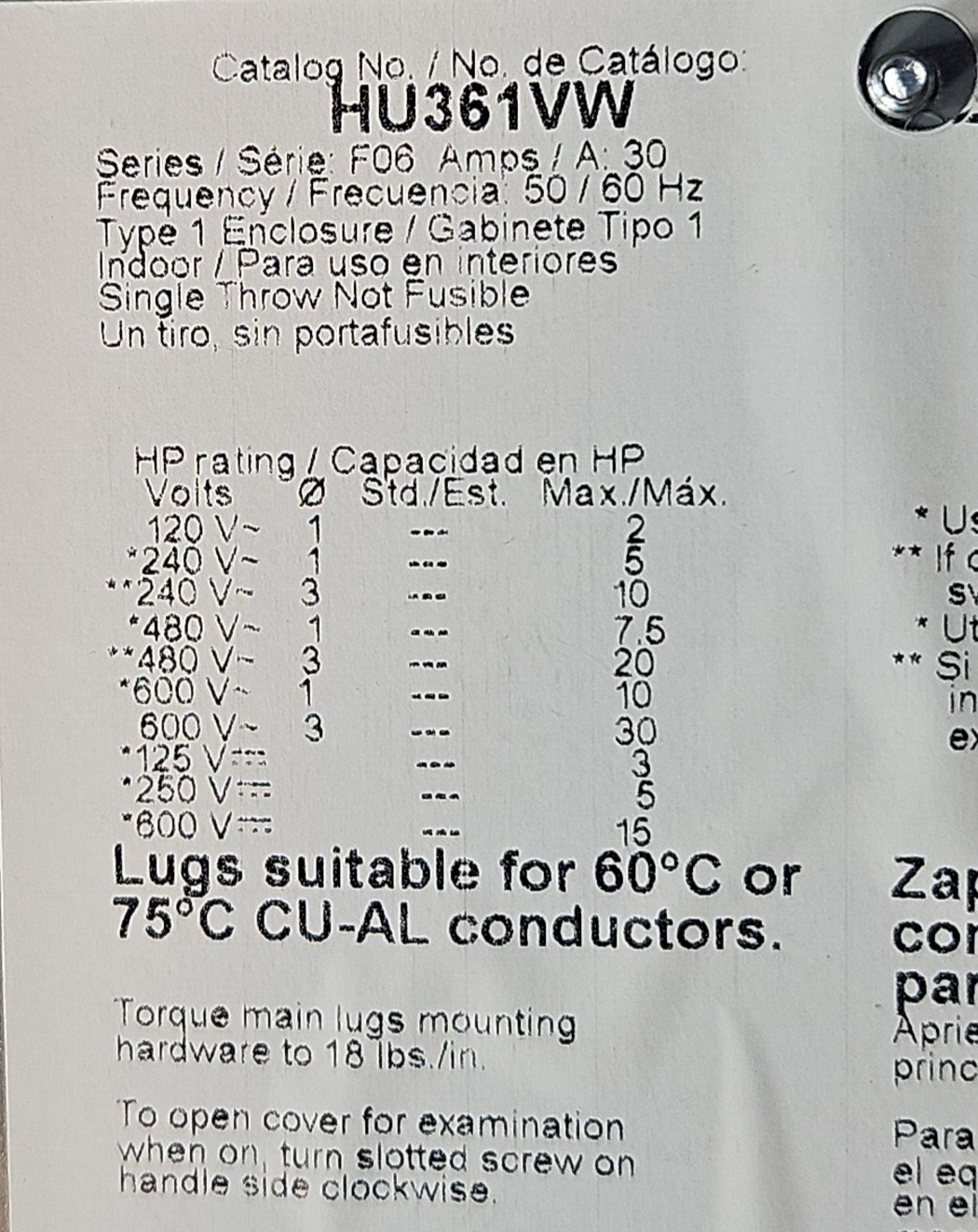 Square D HU361VW Safety Switch 30AMP 600V Ser F06.                       loc4F30