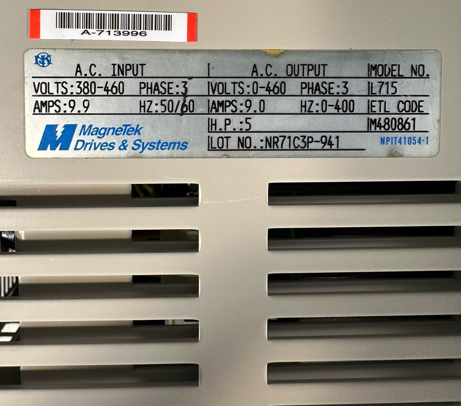 Magnetek L715 GPD502 AC Drive Lancer 0-460V 9.0A 5HP 3PH 0-400Hz (8.3.5)