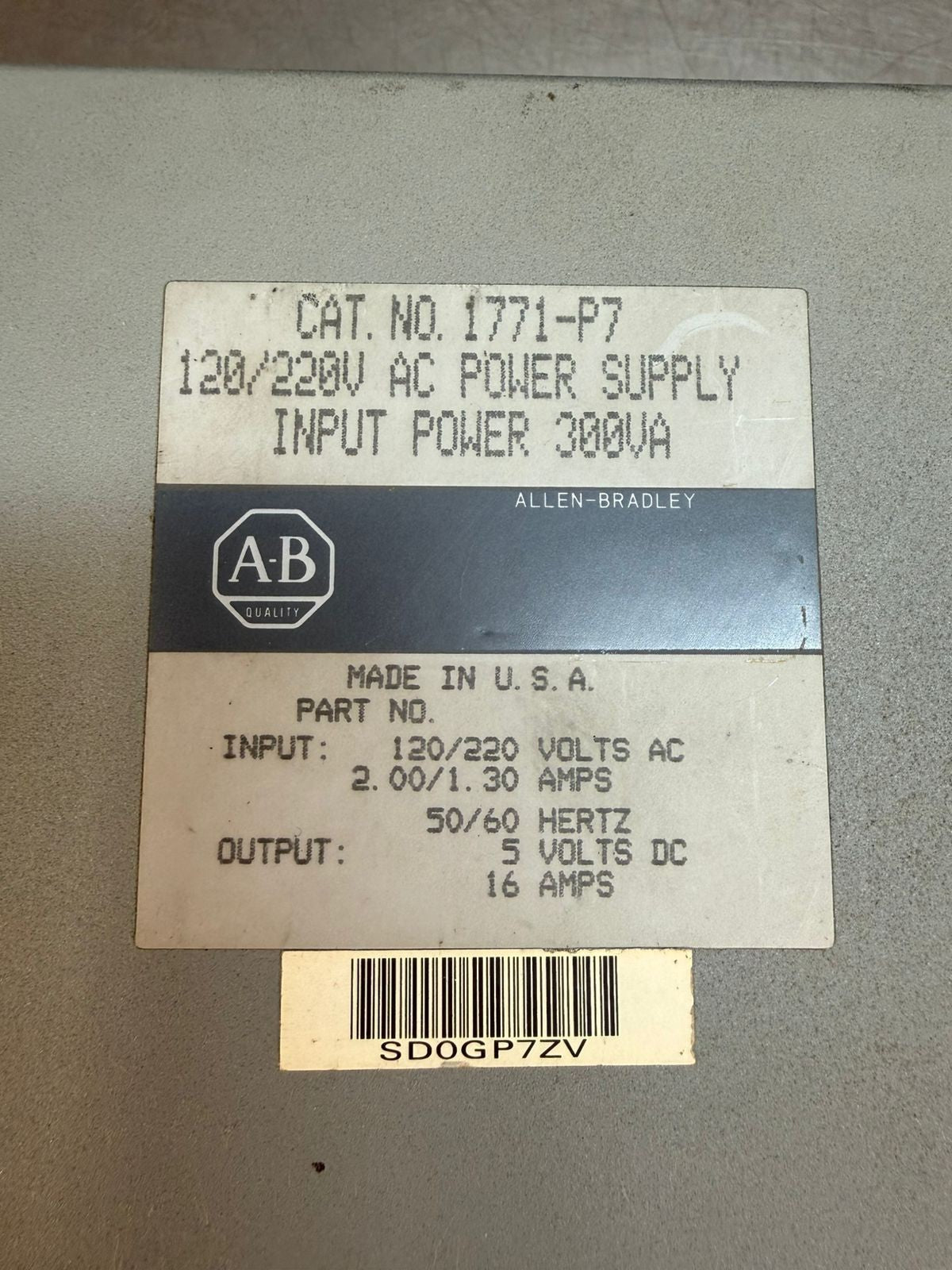 Allen Bradley 1771-P7 120/220V Ac Pwr Sup Module Input Power 300Va (2.4.5)