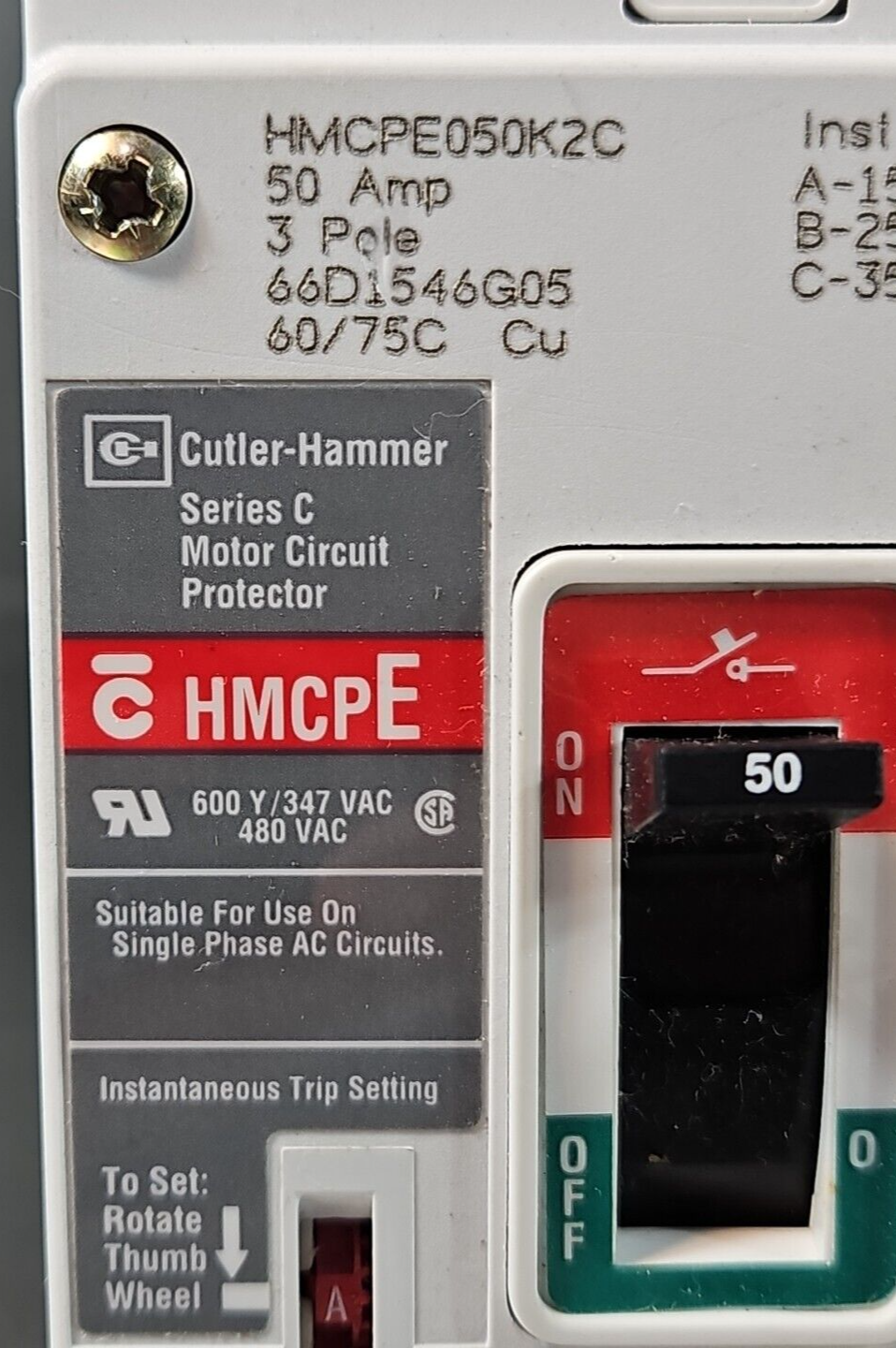 Cutler Hammer HMCP050K2C Molded Case Circuit Breaker 3P 50A             (BIN433)