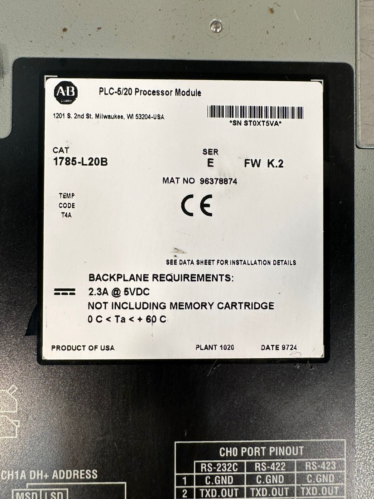  1785-L20B /E Allen Bradley PLC 5/20 Processor 1785L20B FW K.2       (7.3.4)