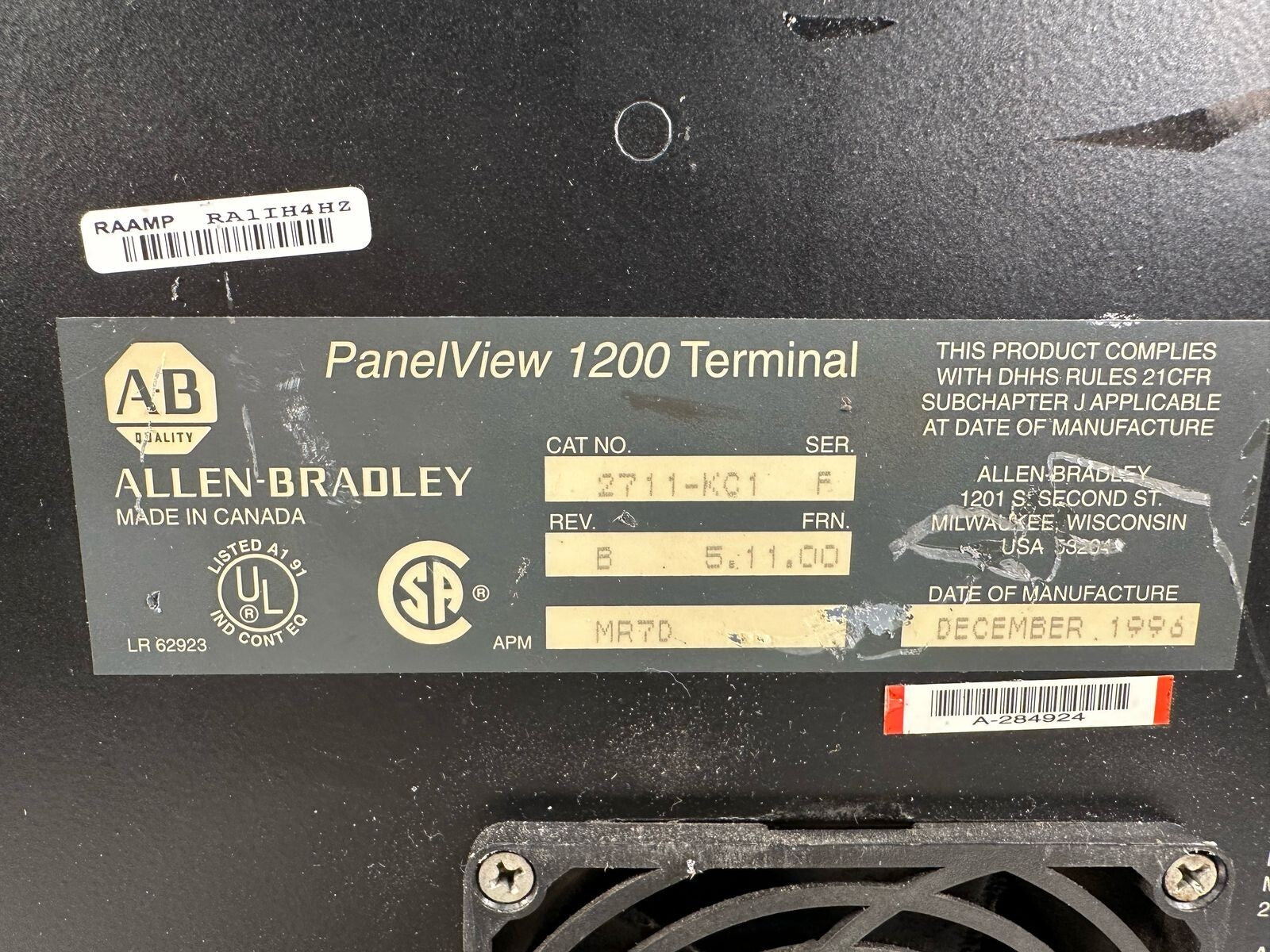 Allen Bradley PanelView 1200 2711-KC1/F Rev. B FRN: 5.11.00         (8.5.7)