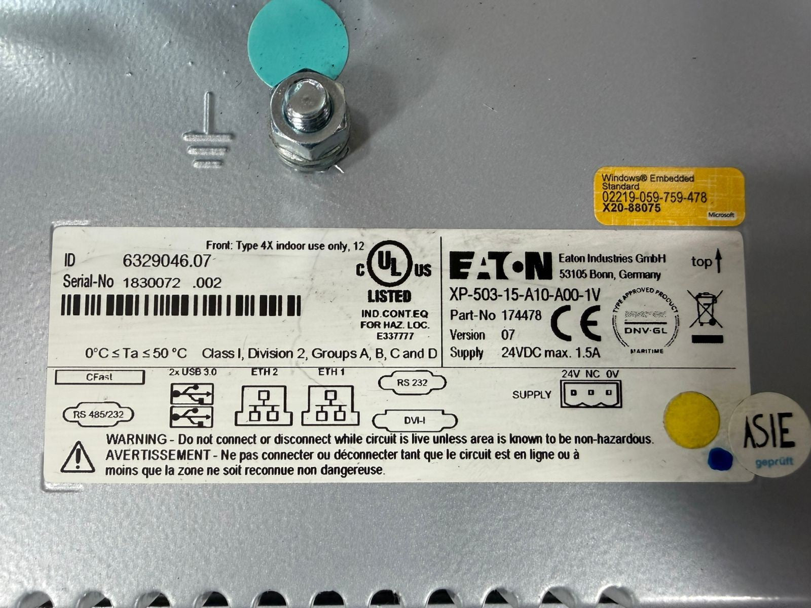 Eaton XP-503-15-A10-A00-1V Interface Panel 174478 24Vdc 1.5A Ver.07 (8.6.7)