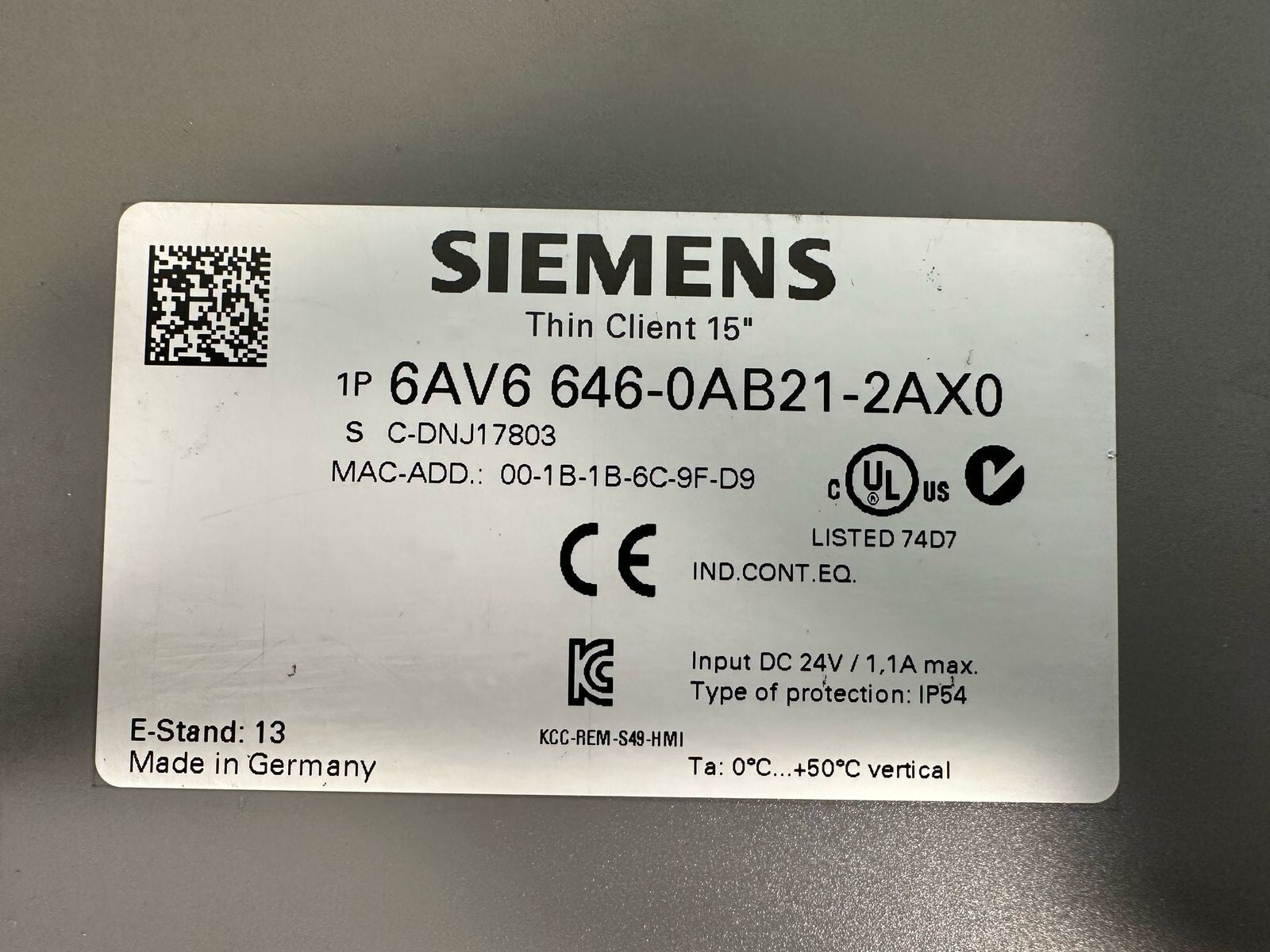 Siemens 6AV6-646-0AB21-2AX0 SIMATIC THIN CLIENT 15"  Touch Screen (8.6.8)
