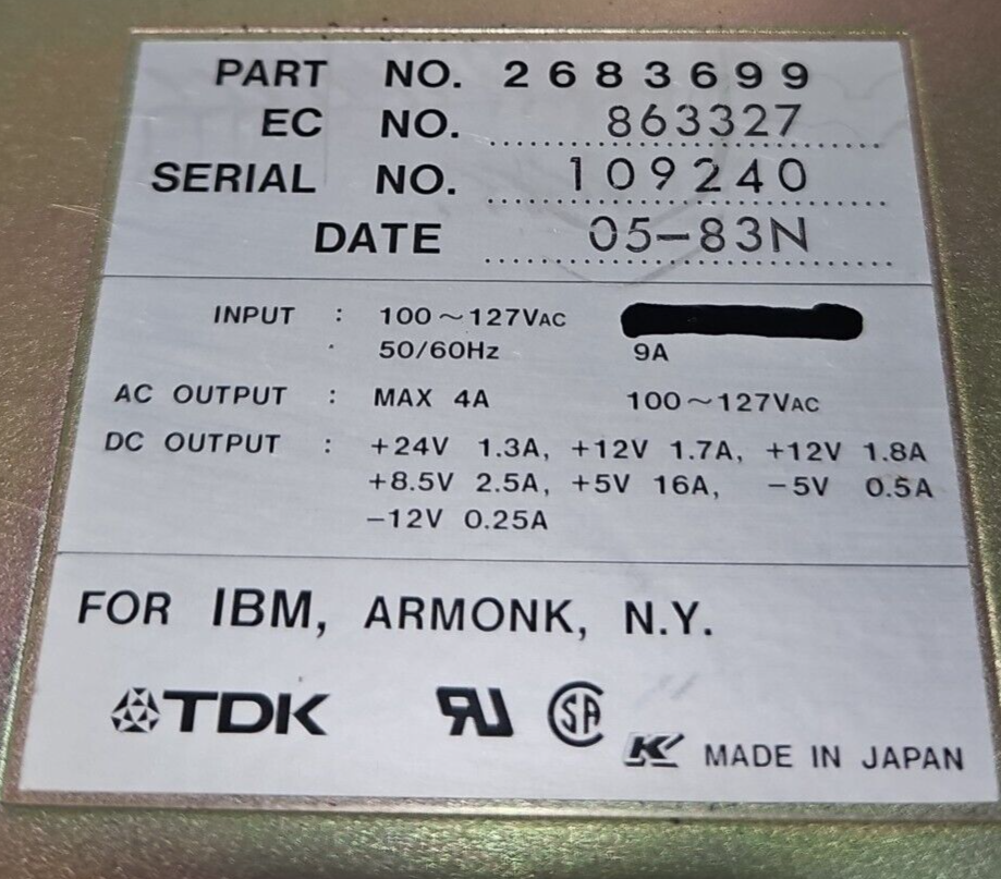 TDK Part No. 2683699 Power Supply for IBM 100~127VAC 9A                   loc4D6