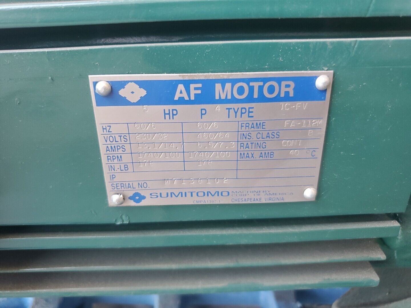 SUMITOMO CNHM54115YBAV6 GEAMOTOR, 5HP, 292RPM.                             1F-34